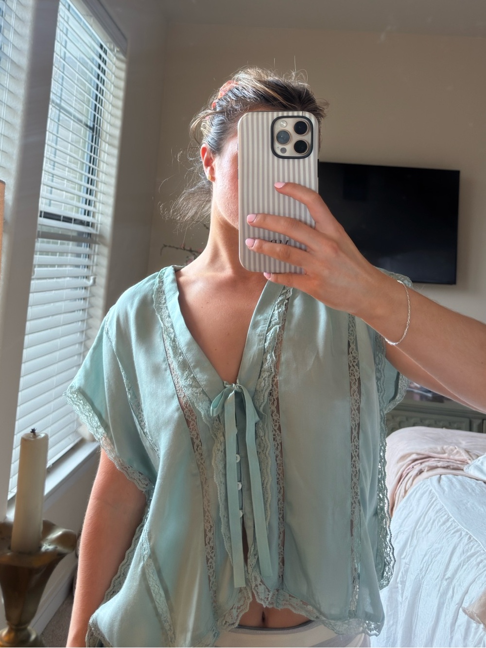 Free People Mint Tie-Front Lace Trim Tunic
